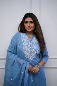 Embroidered Panel Worked Straight Cotton Kurta Set - Chikankari official