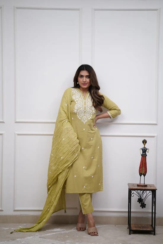 Embroidered Panel Worked Straight Cotton Kurta Set - chikankariofficial