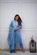 Embroidered Panel Worked Straight Cotton Kurta Set - Chikankari official
