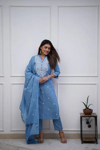 Embroidered Panel Worked Straight Cotton Kurta Set - Chikankari official