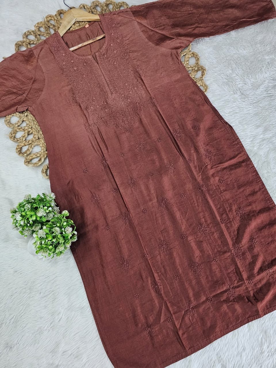 Exclusive chanderi dual shades machine work kurti - Chikankari official