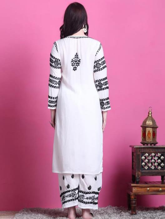 Exquisite White Embroidered Kurta Set - Chikankari official