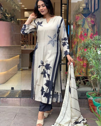 Featuring Fully Elegant Pure Muslin Suit Set Which is Beautifully Decorated With Beautiful Flower - Chikankari official