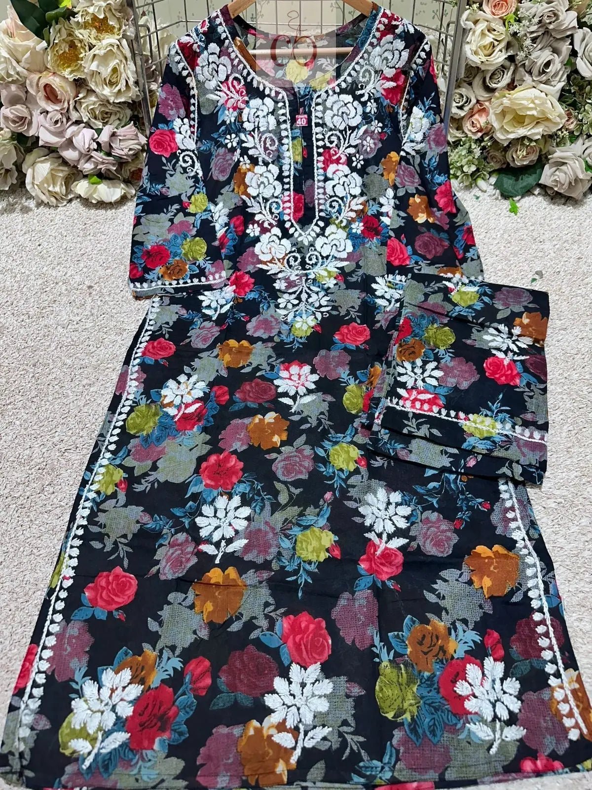 Floral Printed Mul Mul Plazo Set - Chikankari official