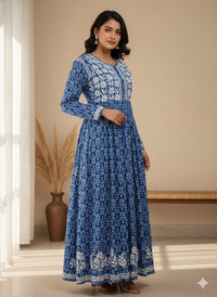 Flower Printed mul mul gown - Chikankari official