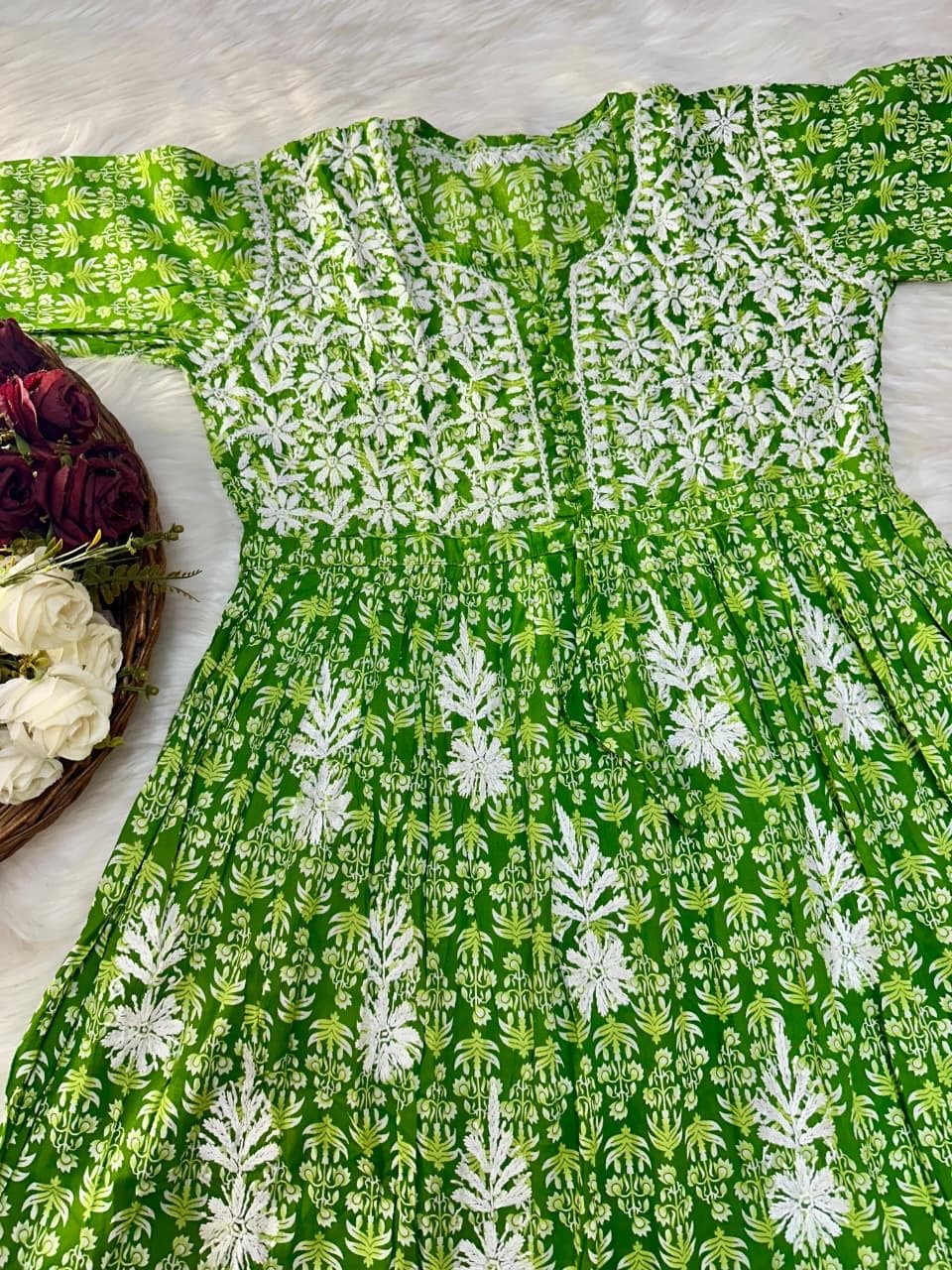 Flower Printed mul mul gown - Chikankari official