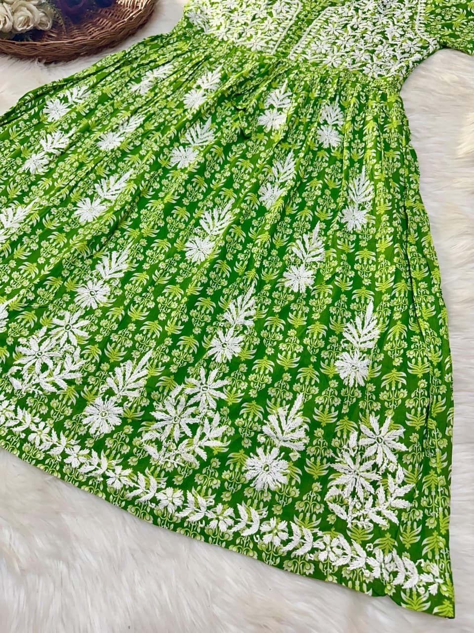 Flower Printed mul mul gown - Chikankari official