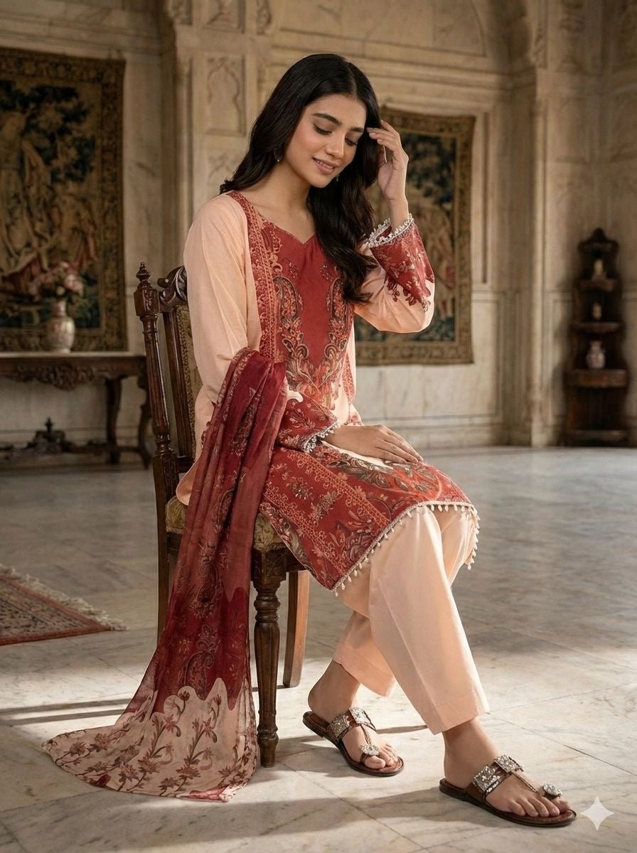Frenchcrep Silk 3pc Rani Red creat Set - Chikankari official