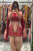 Frenchcrep Silk 3pc Rani Red creat Set - Chikankari official