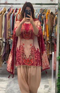 Frenchcrep Silk 3pc Rani Red creat Set - Chikankari official