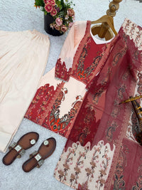 Frenchcrep Silk 3pc Rani Red creat Set - Chikankari official