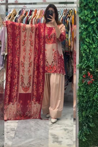 Frenchcrep Silk 3pc Rani Red creat Set - Chikankari official