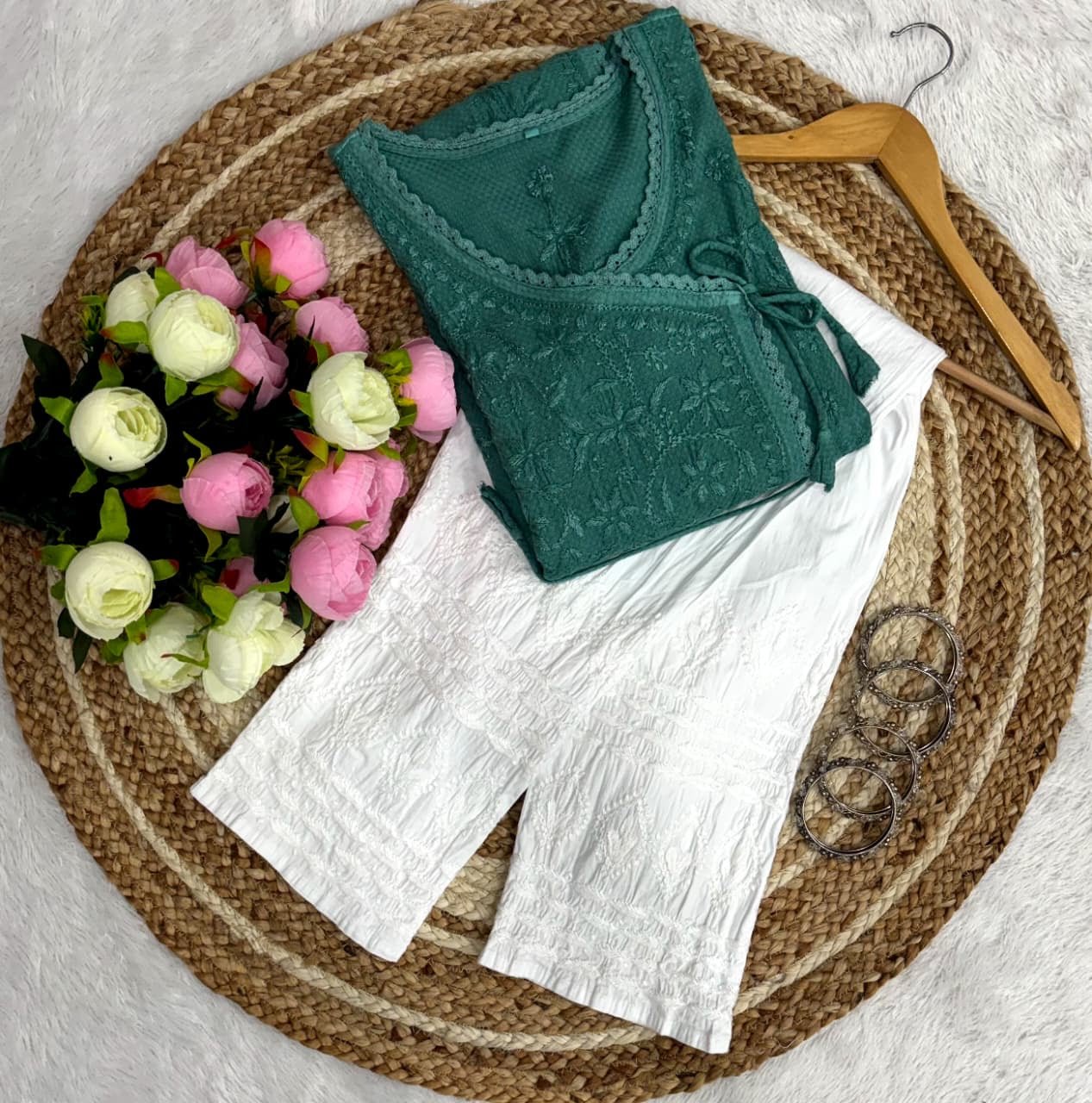 Ghas patti Hand rayon work dot Dori Angrakha - Chikankari official