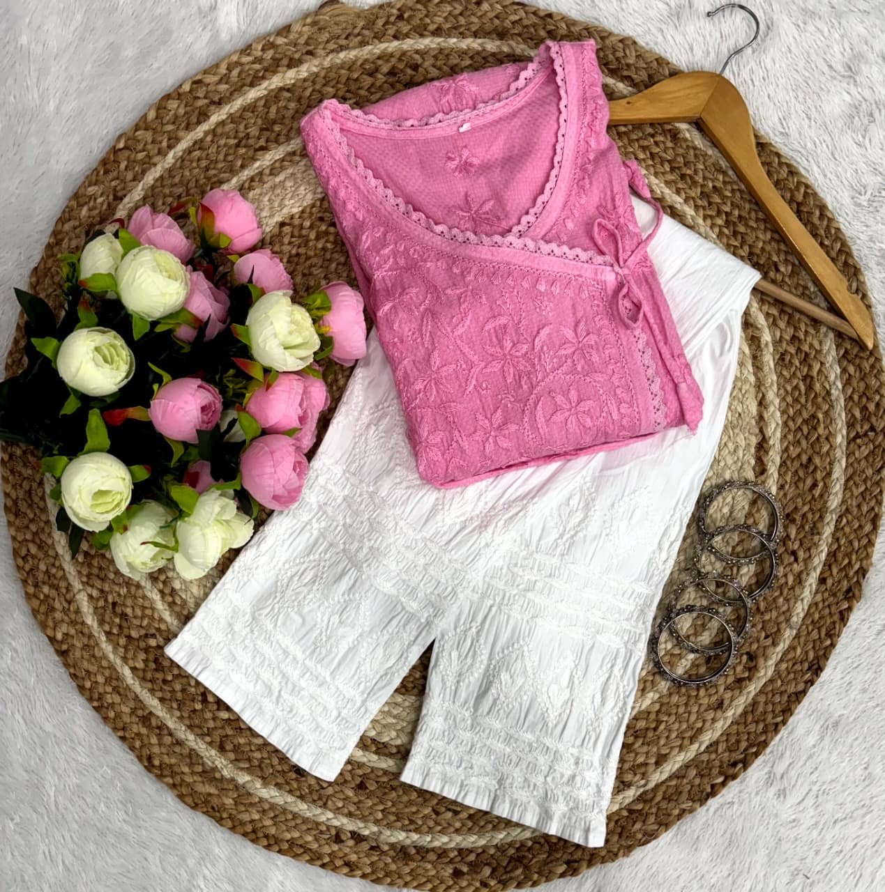 Ghas patti Hand rayon work dot Dori Angrakha - Chikankari official