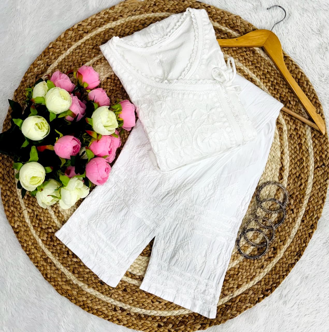 Ghas patti Hand rayon work dot Dori Angrakha - Chikankari official