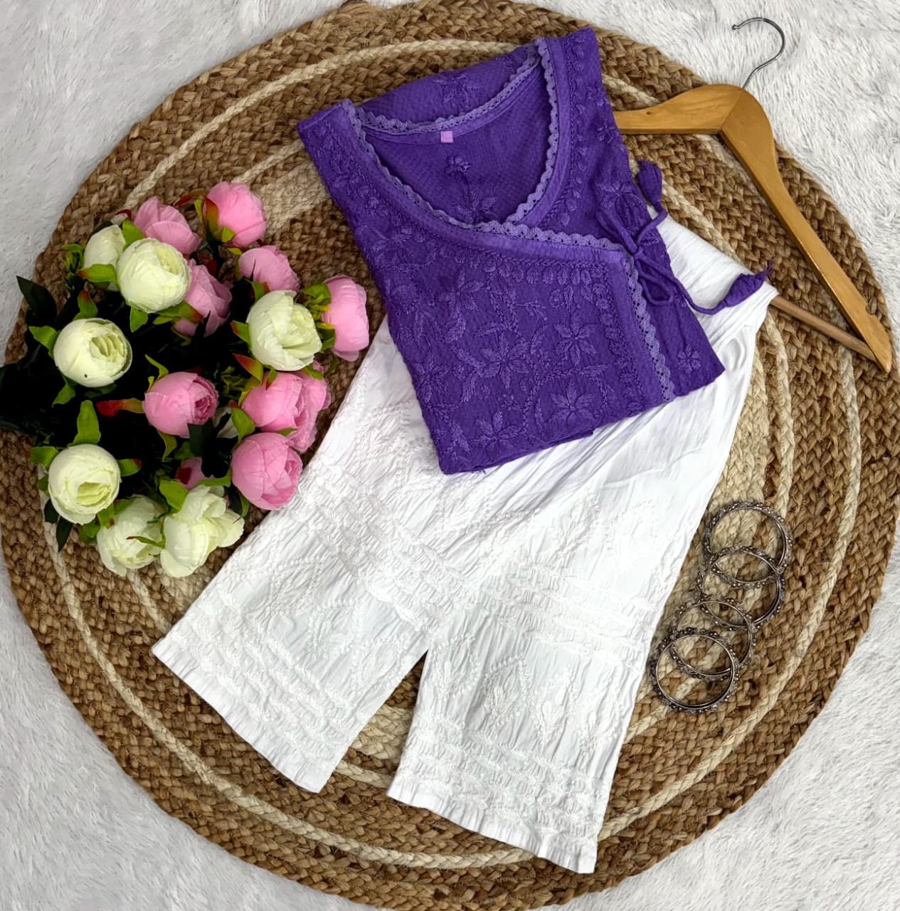 Ghas patti Hand rayon work dot Dori Angrakha - Chikankari official
