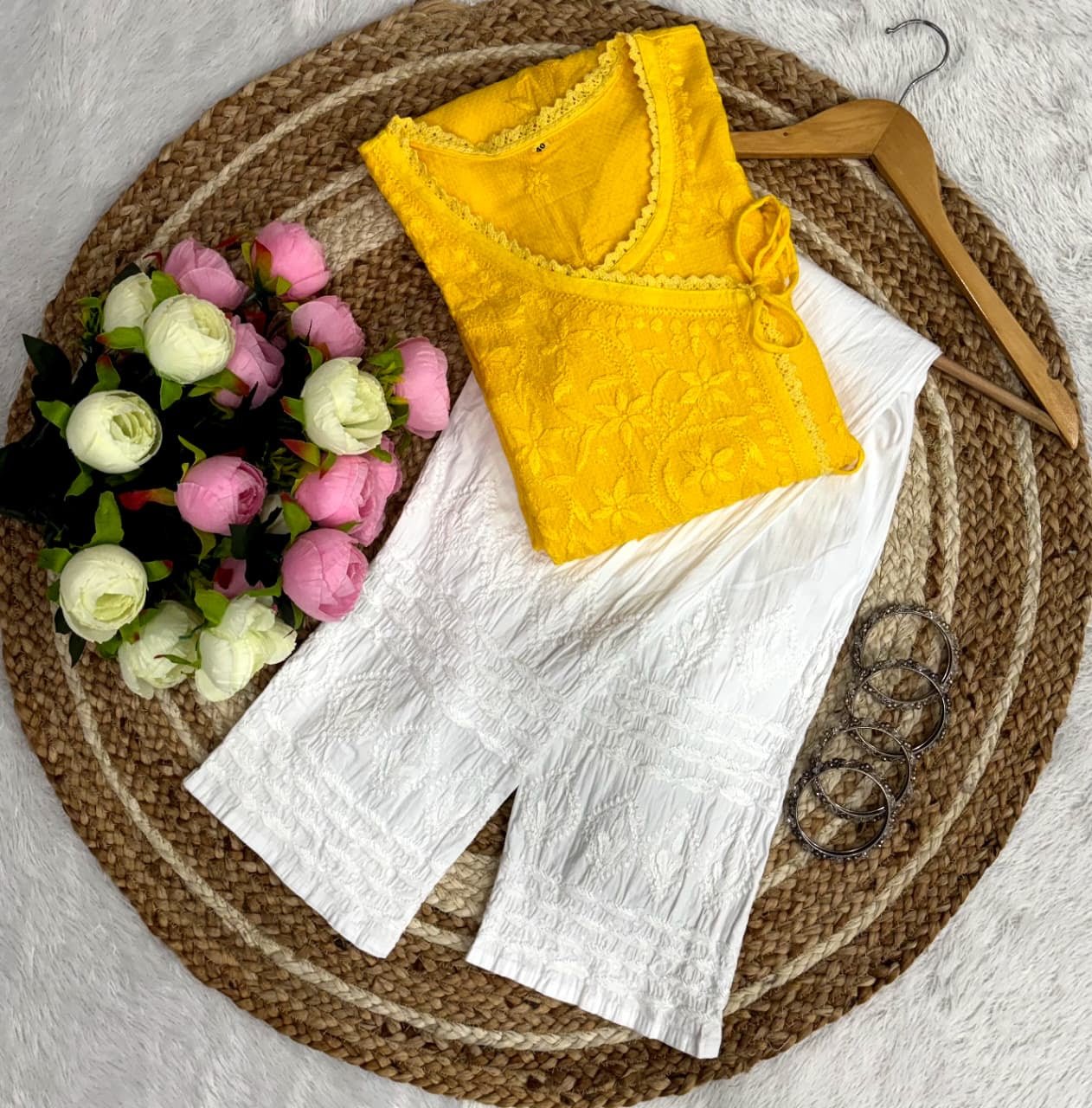 Ghas patti Hand rayon work dot Dori Angrakha - Chikankari official