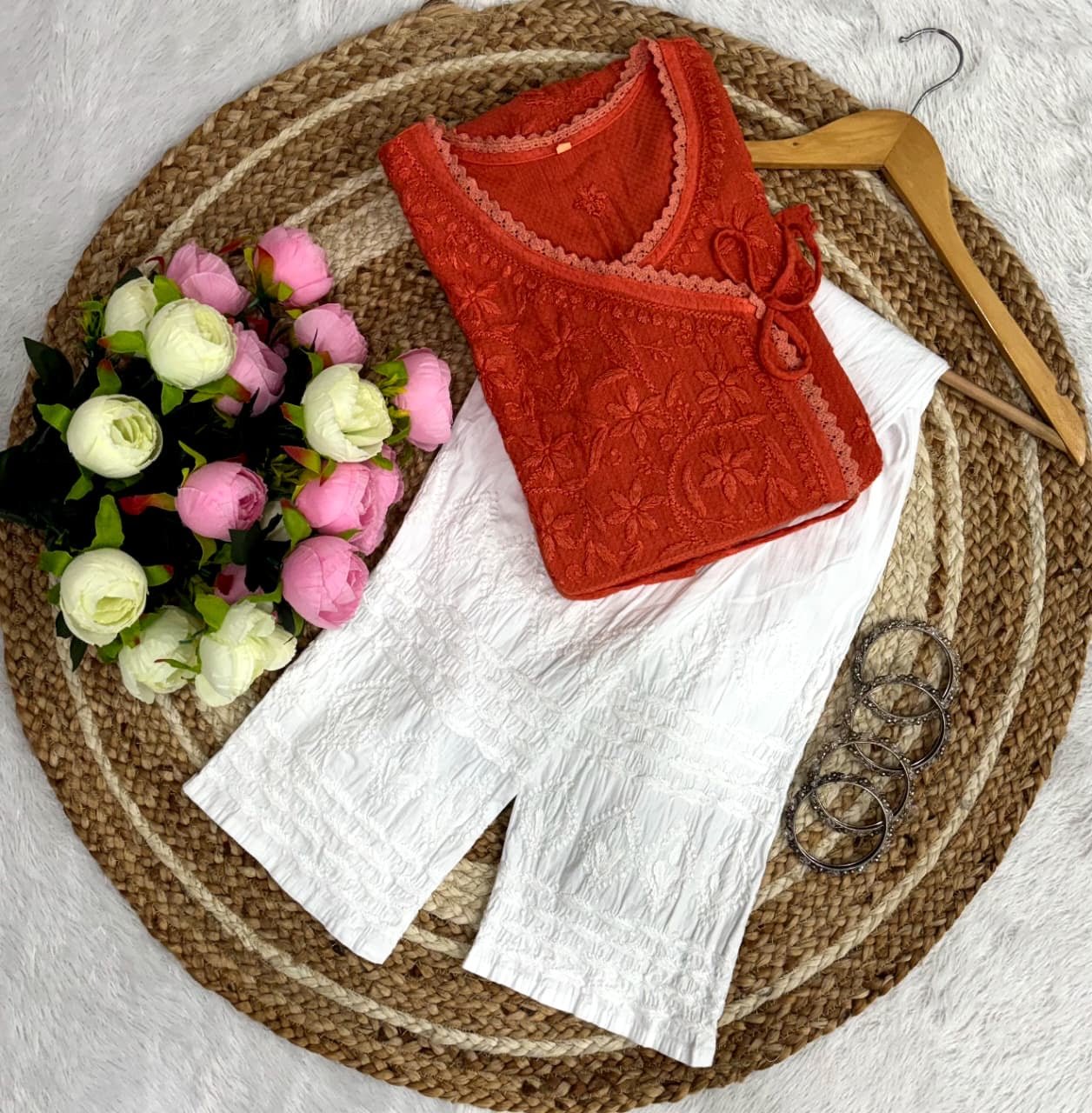 Ghas patti Hand rayon work dot Dori Angrakha - Chikankari official