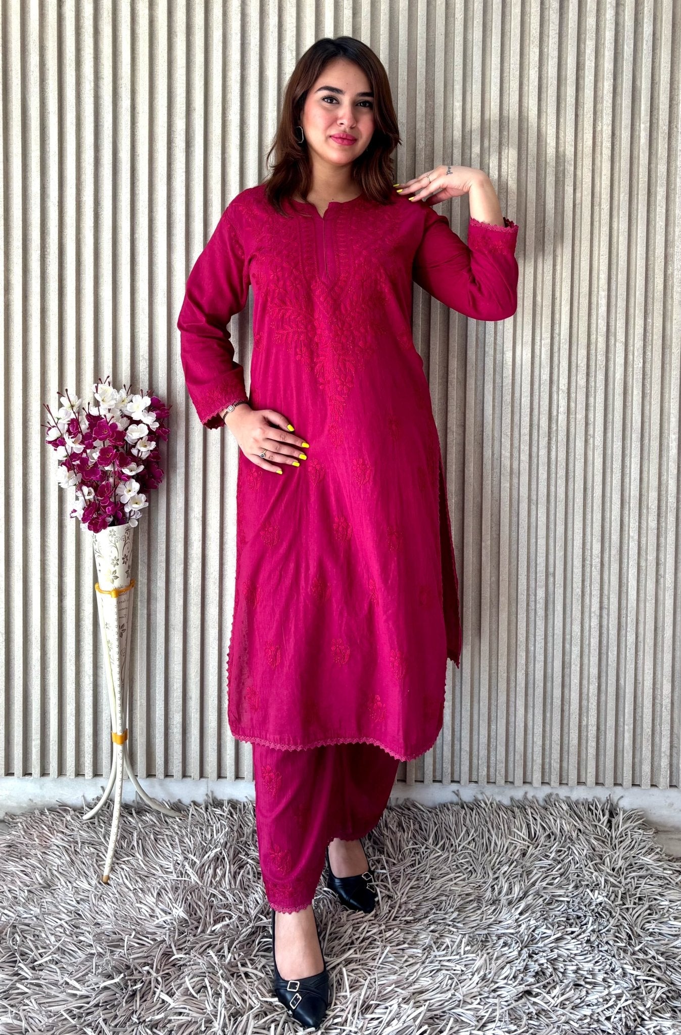 Ghass patti Dobby cotton Plazzo set - Chikankari official