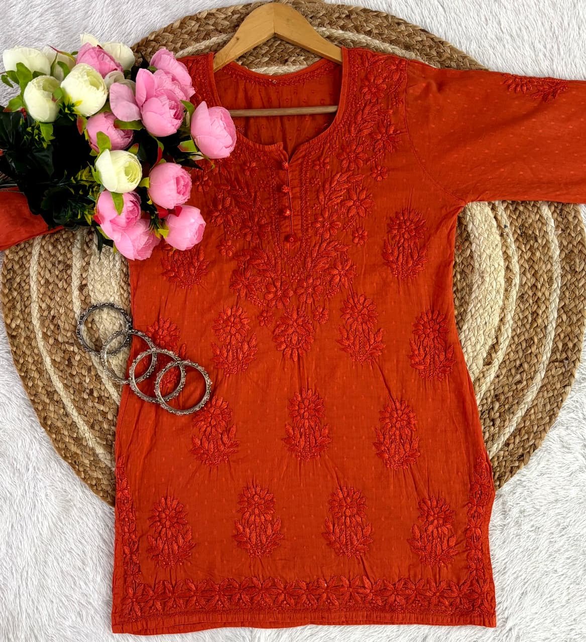 Ghasspatti Handwork cotton short top - Chikankari official