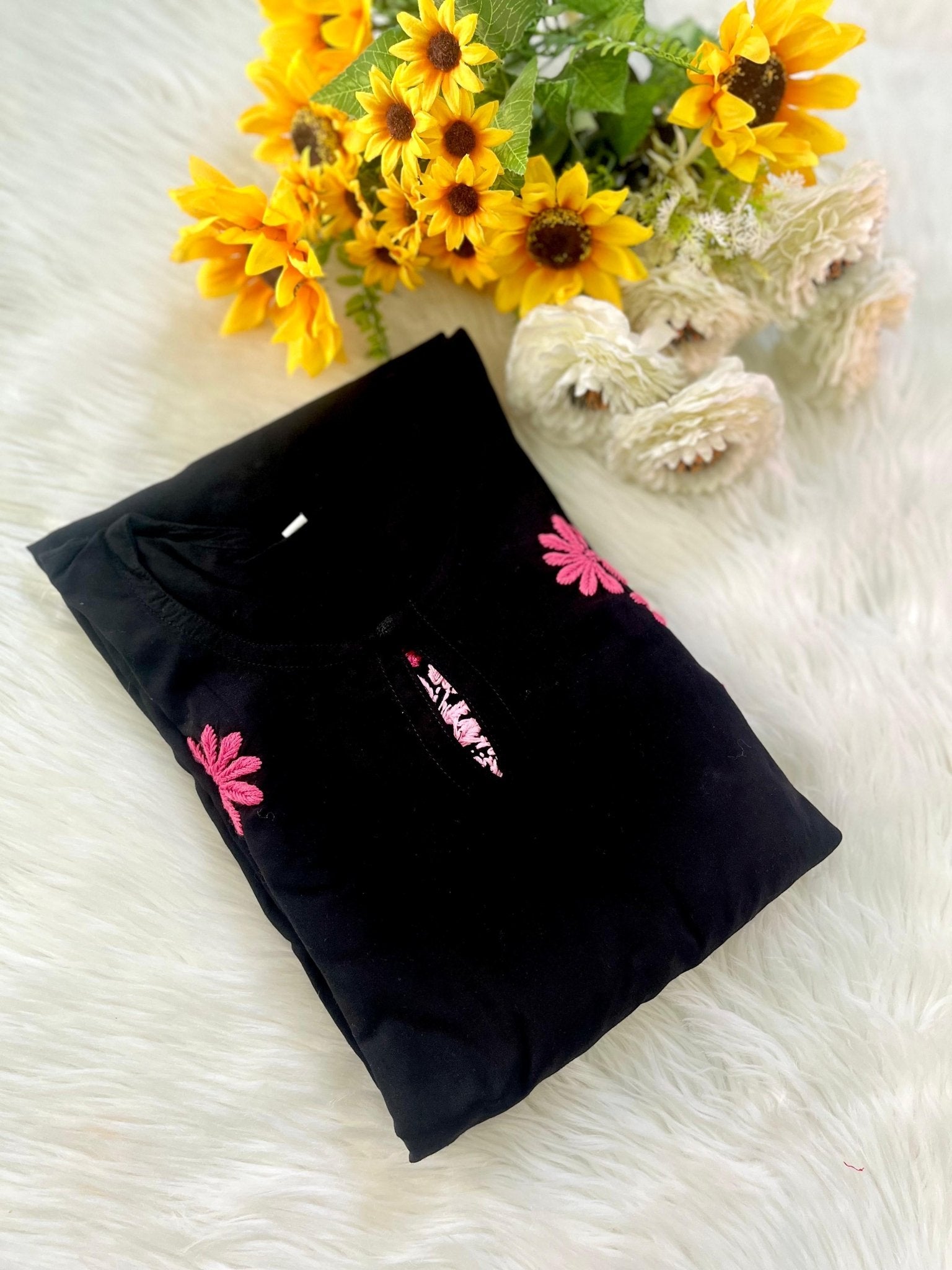 Glowing pink thread Black Base Chikankari Long Kurta - Chikankari official