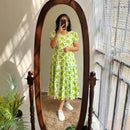 Green Flower ikkat print Cotton Full Flair Middy Gown - Chikankari official