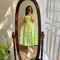 Green Flower ikkat print Cotton Full Flair Middy Gown - Chikankari official