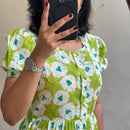 Green Flower ikkat print Cotton Full Flair Middy Gown - Chikankari official