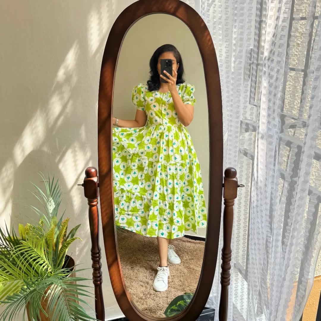 Green Flower ikkat print Cotton Full Flair Middy Gown - Chikankari official