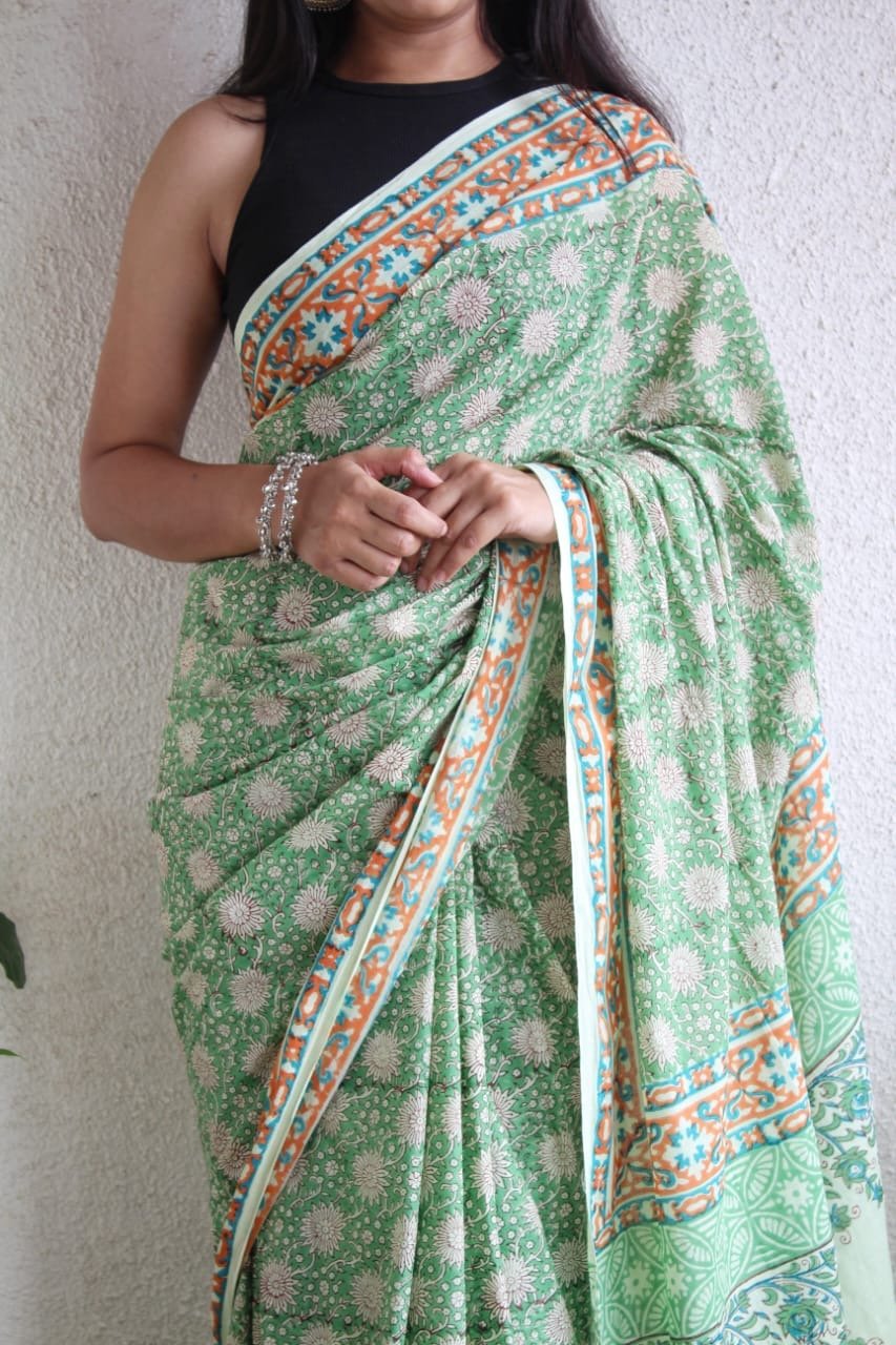 Hand Block Printed Saree - Chikankari official