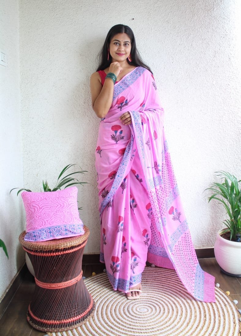 Hand Block Printed Saree - Chikankari official