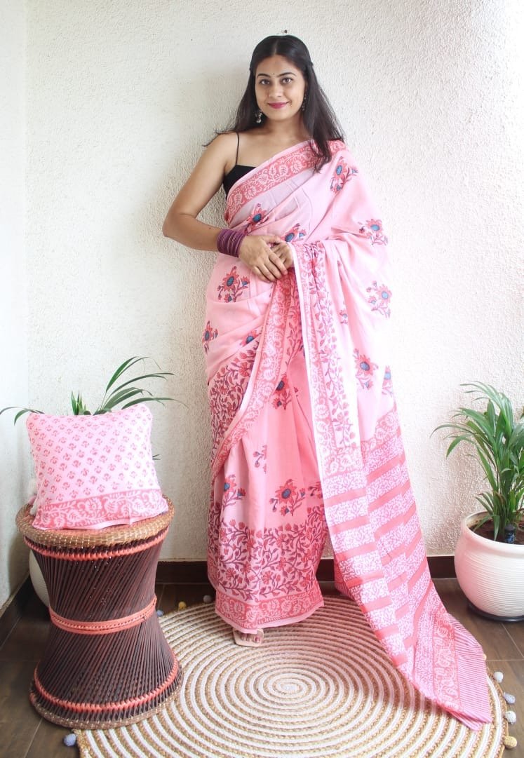 Hand Block Printed Saree - Chikankari official
