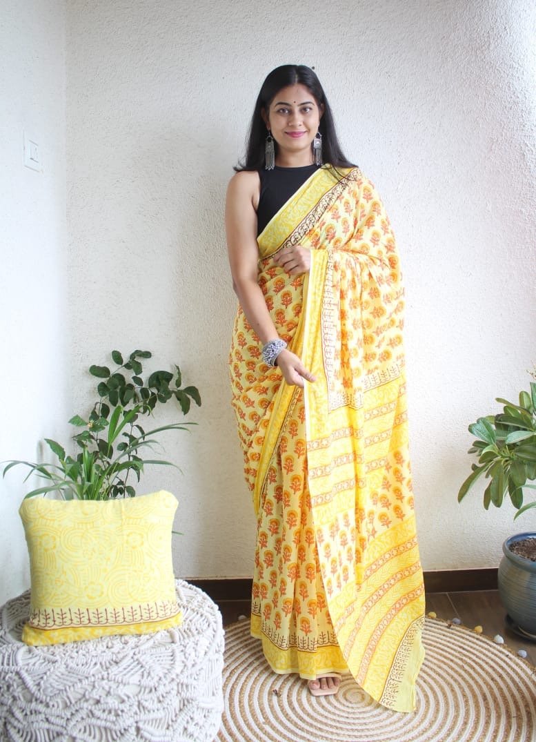 Hand Block Printed Saree - Chikankari official