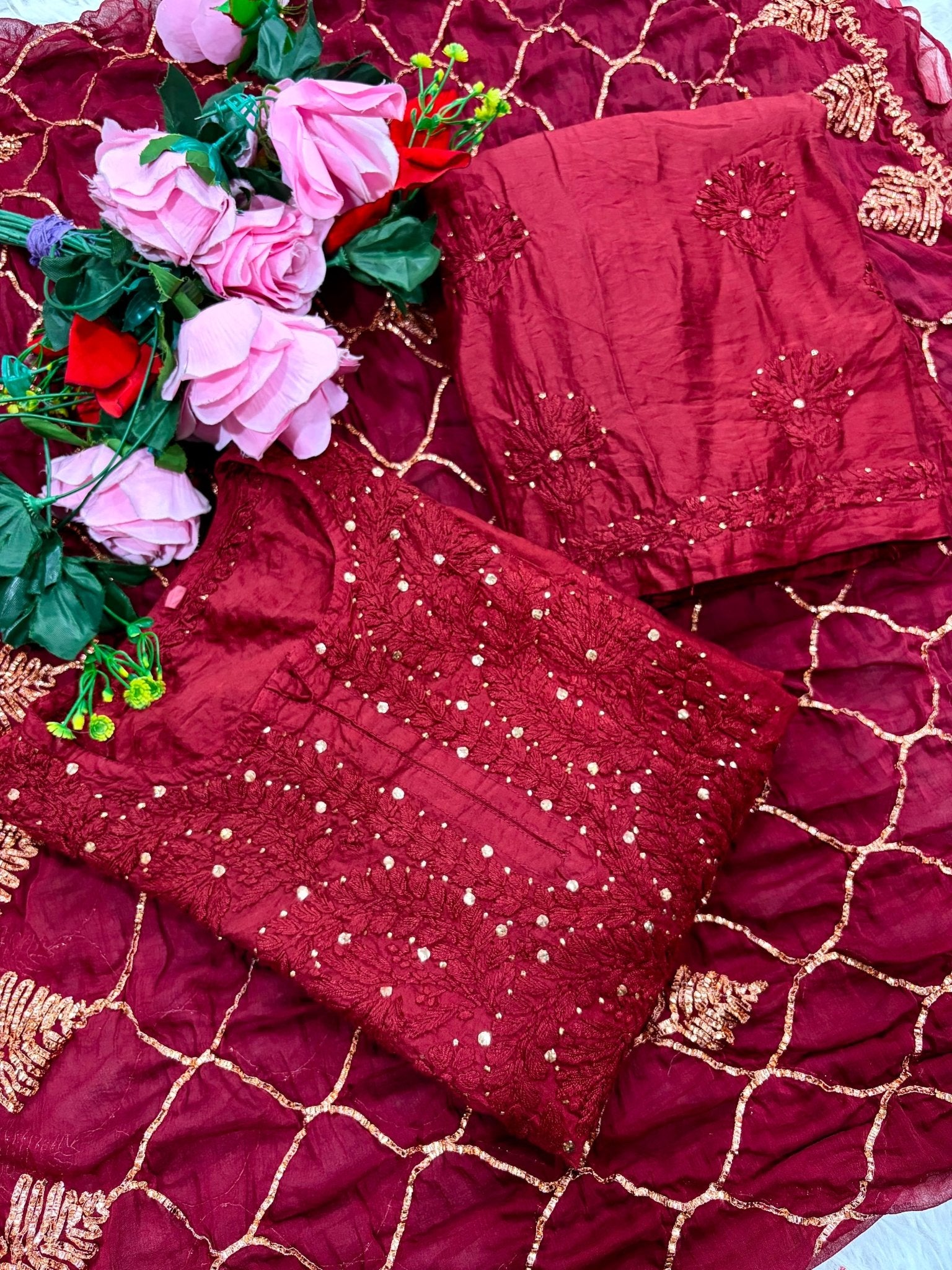 Handwork Chanderi Cotton Kurta Palazzo Set with Chiffon Gota Patti Dupatta - Chikankari official