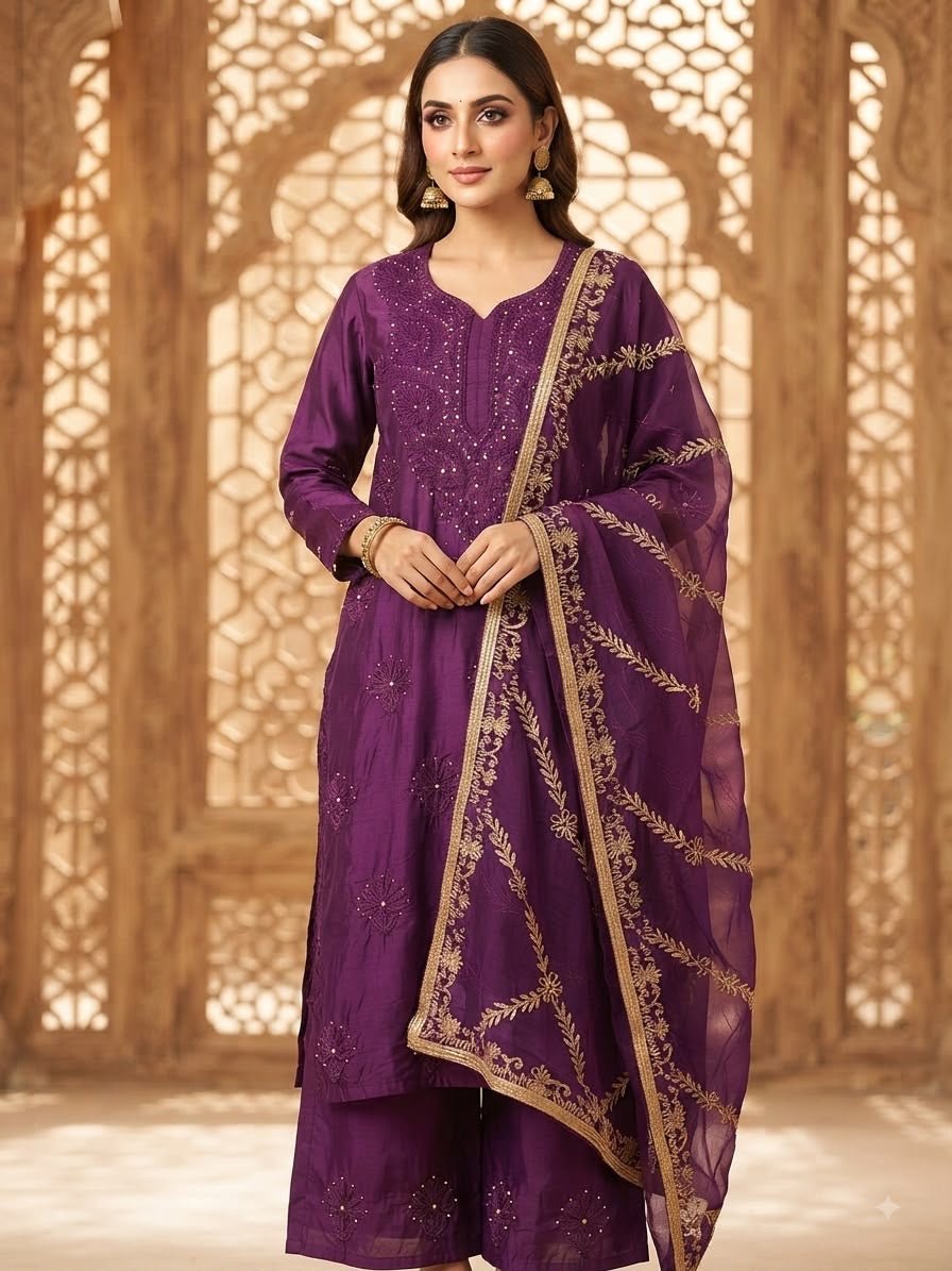 Handwork Chanderi Cotton Kurta Palazzo Set with Chiffon Gota Patti Dupatta