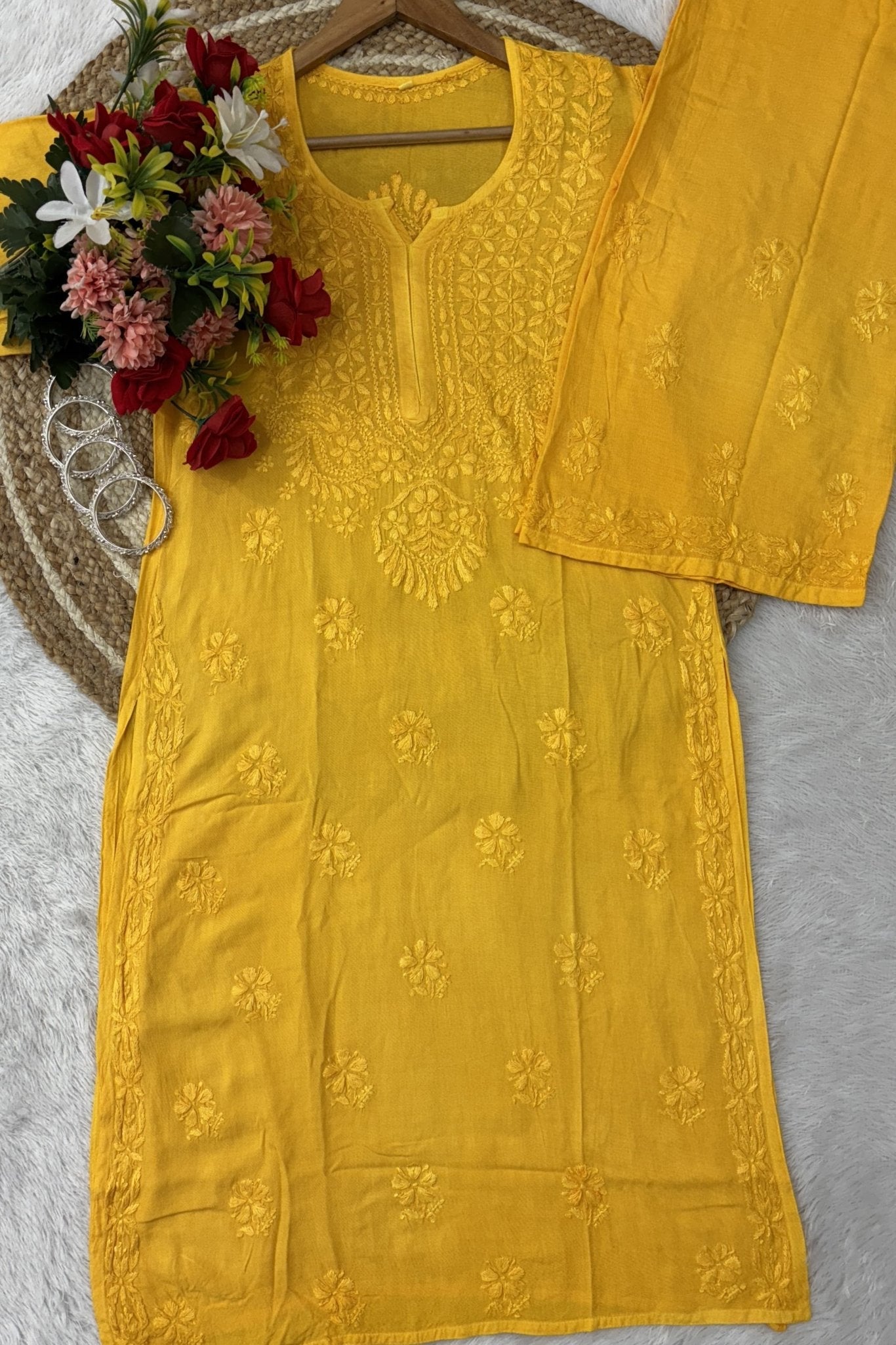 Handwork Single Shades Rayon Kurta plazzo combo