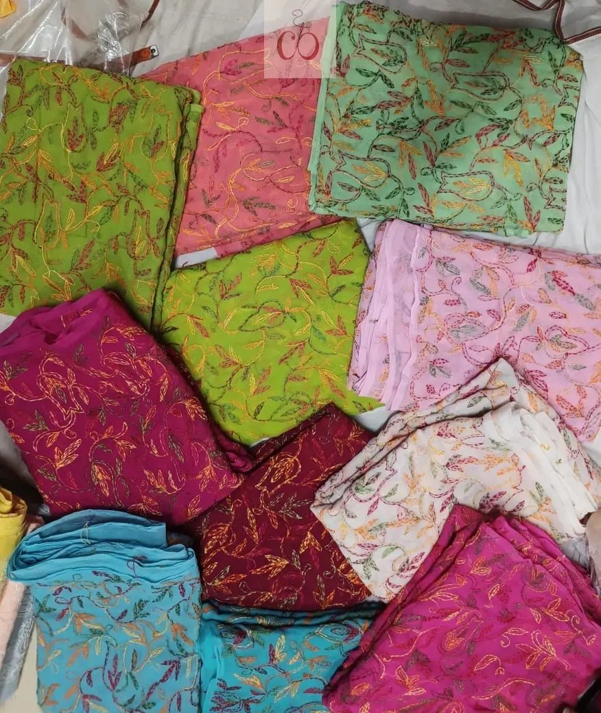 Handworked Chiffon Georgette Tepchi jaal thread Multicolor Saree With Blouse - Chikankari official