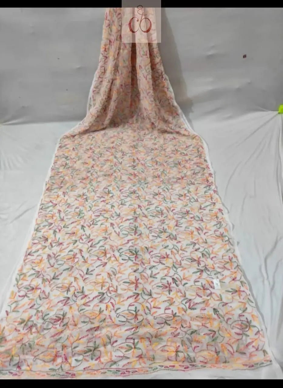 Handworked Chiffon Georgette Tepchi jaal thread Multicolor Saree With Blouse - Chikankari official