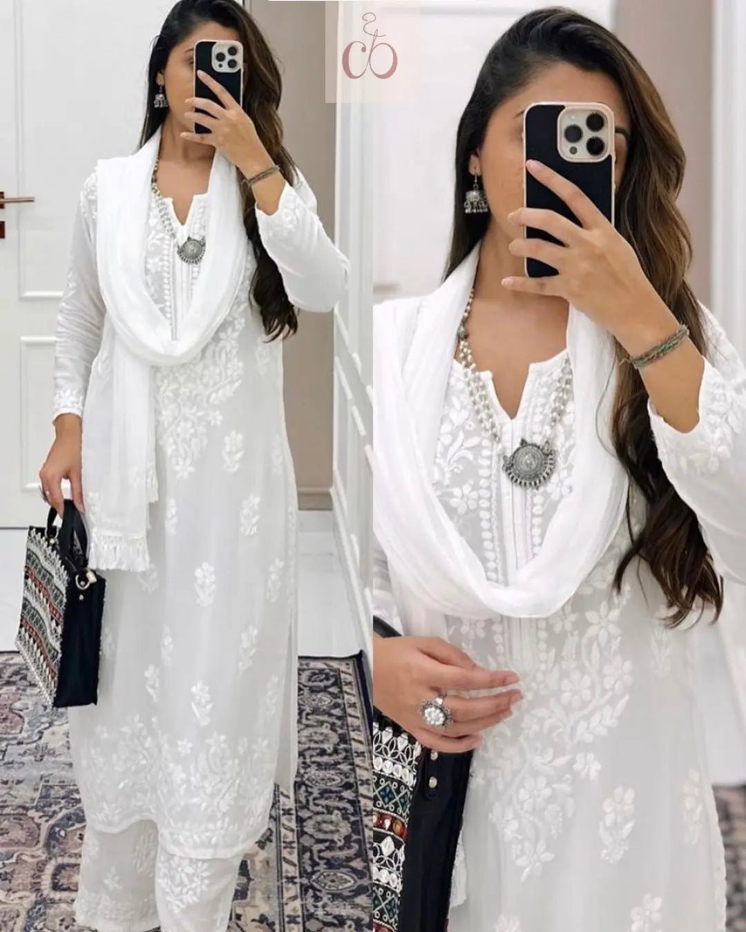 Harshita White Modal Cotton Chikankari 3pc Set - Chikankari official