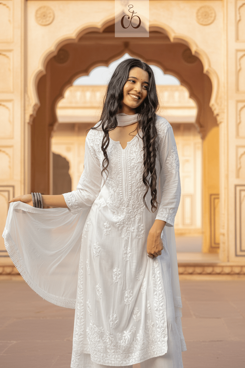 Harshita White Modal Cotton Chikankari 3pc Set