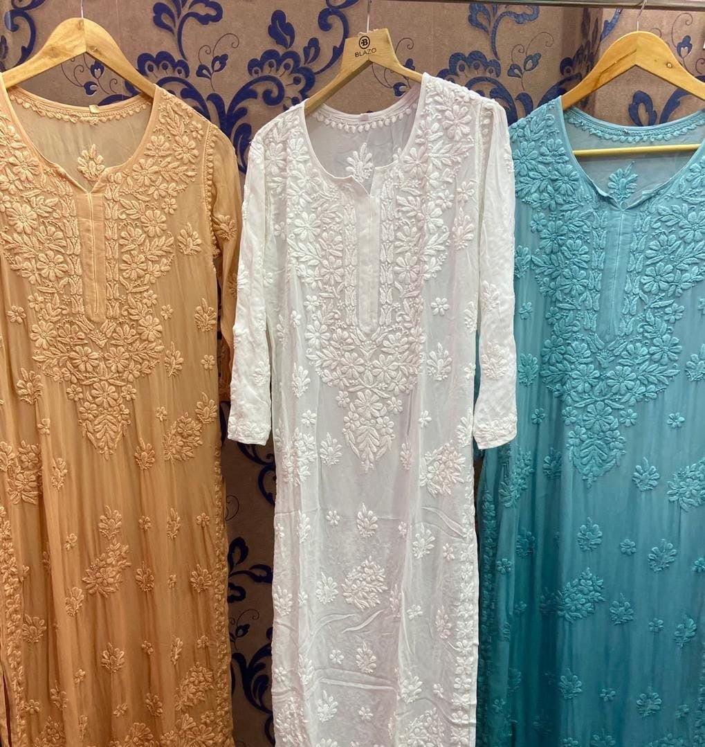 Heavy viscose 3d front & Back worked pure kurta - Chikankari official