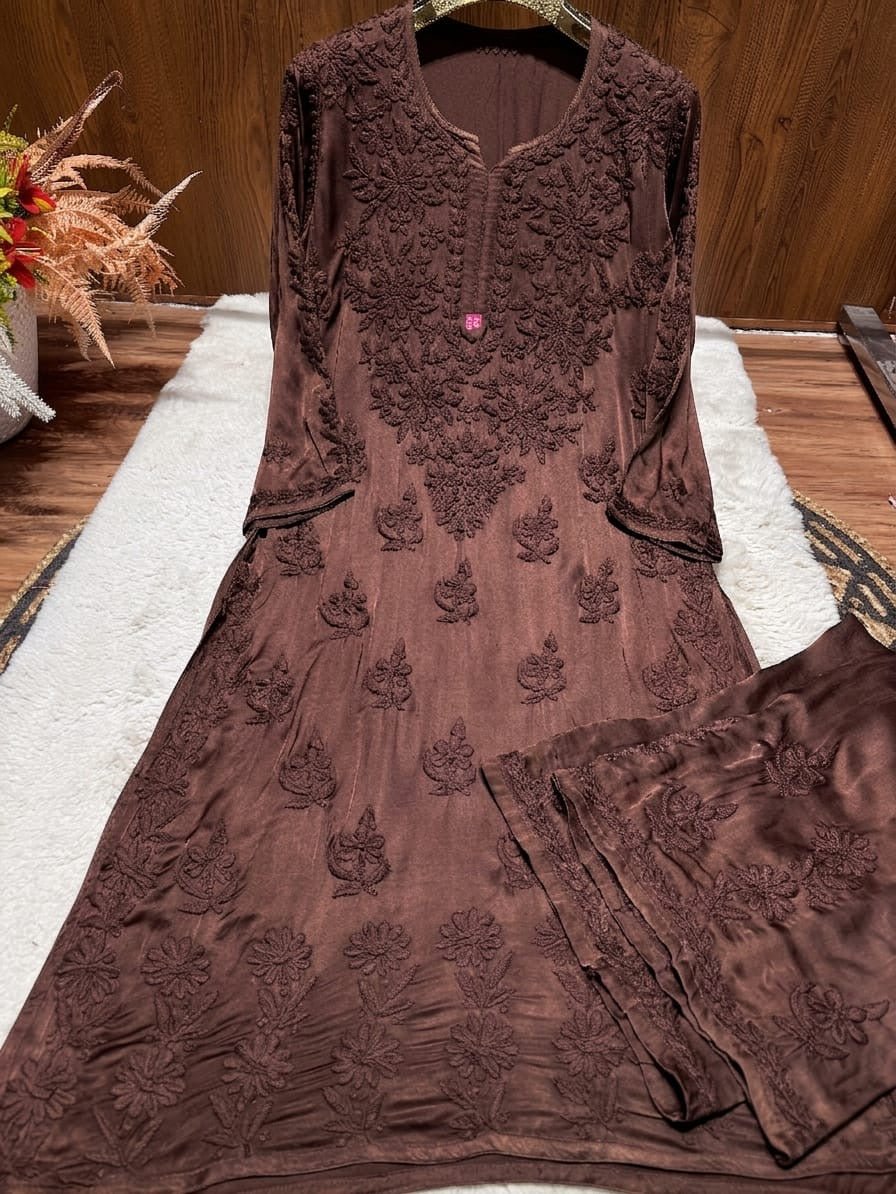Heavy Work (Anchor Thread 3D)Work Modal Satin Plazo Set - Chikankari official