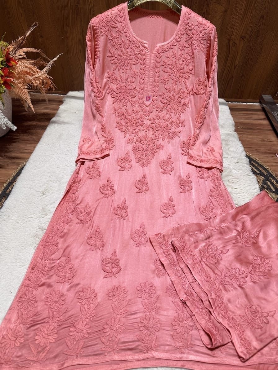 Heavy Work (Anchor Thread 3D)Work Modal Satin Plazo Set - Chikankari official