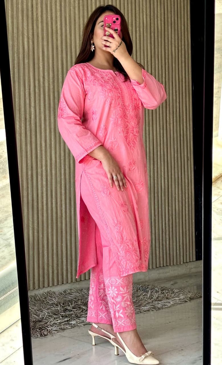 Heavy work cotton kurti with 3d work Pant - Chikankari official