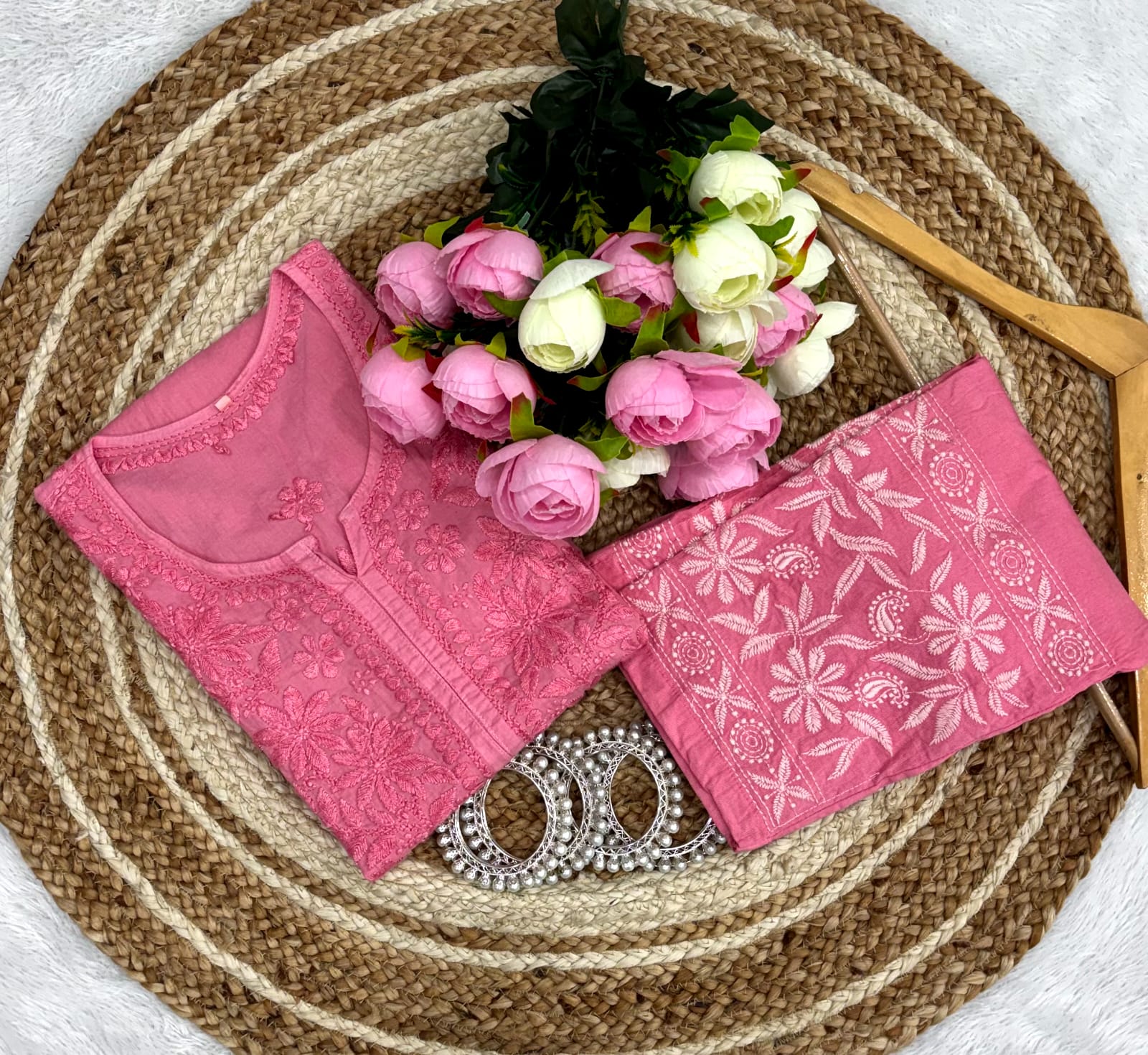 Heavy work cotton kurti with 3d work Pant - Chikankari official