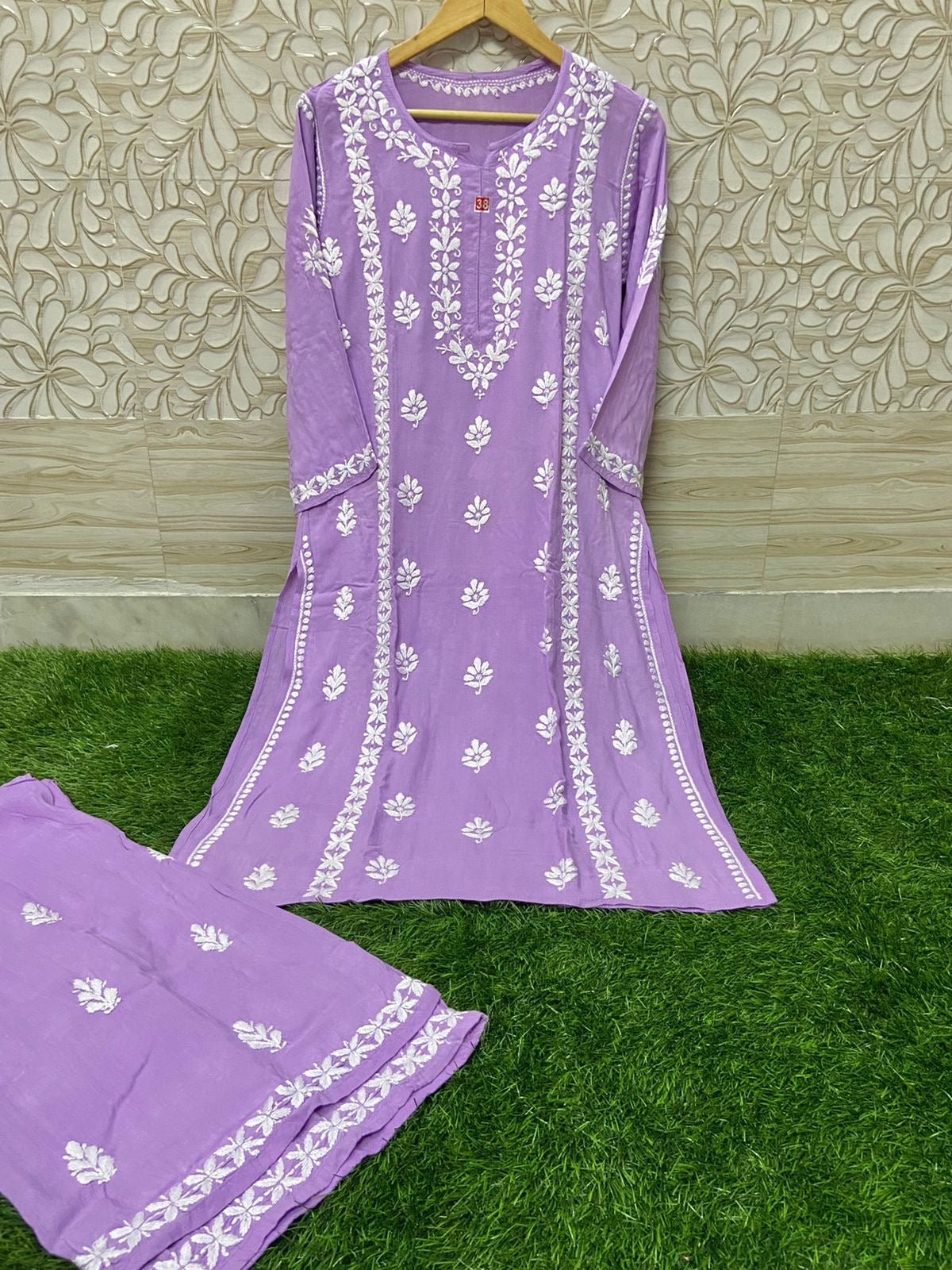 Heavy Work Silk Rayon Kurti Plazzo - Chikankari official