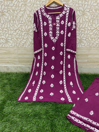 Heavy Work Silk Rayon Kurti Plazzo - Chikankari official