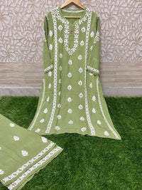 Heavy Work Silk Rayon Kurti Plazzo - Chikankari official