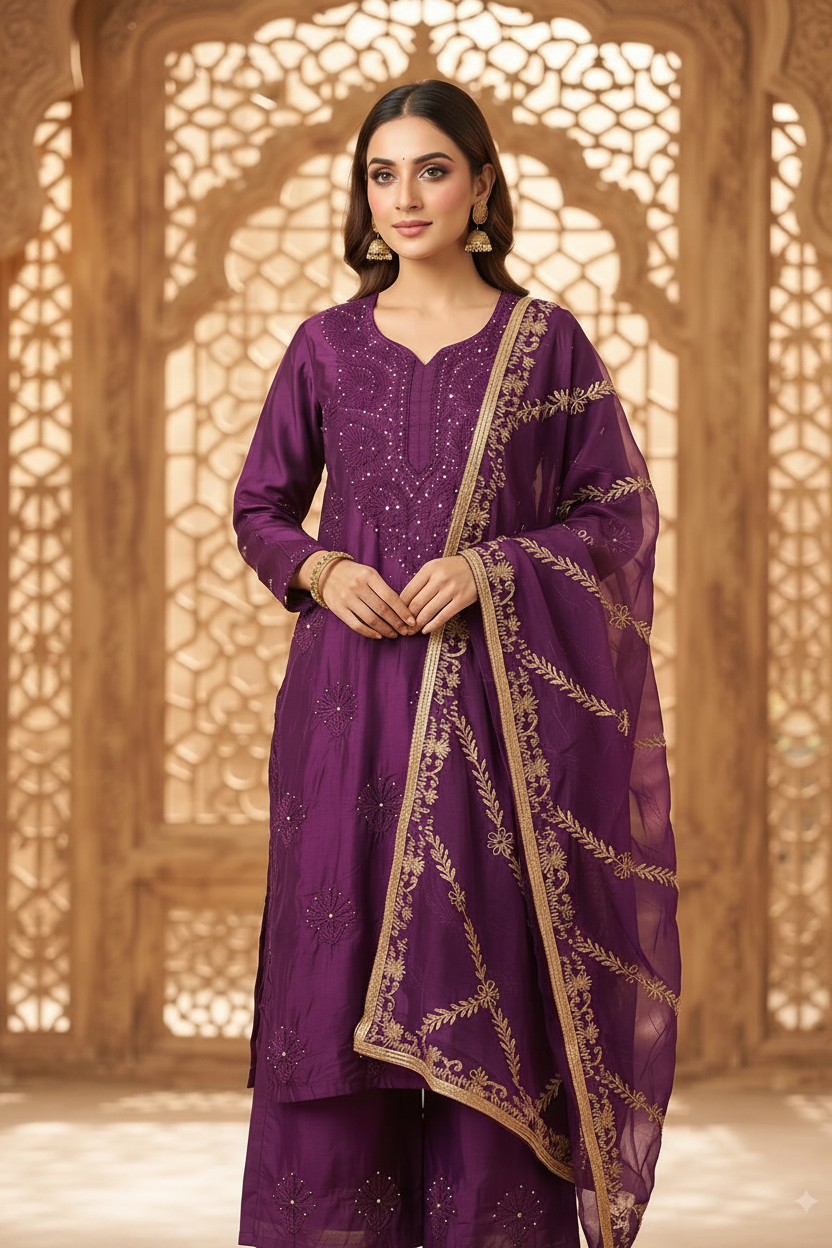 Handwork Chikankari Chanderi Cotton Kurta Palazzo Set in Purple - Mughal Heritage Editorial Shot