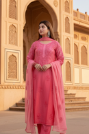 Soft Chanderi Rangrez Ombre 3pc Co-ord Set with Chikankari embroidery and dupatta — Mughal haveli backdrop